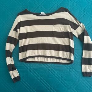 Vintage Cropped Striped Brown and Cream Long Sleeve T-shirt